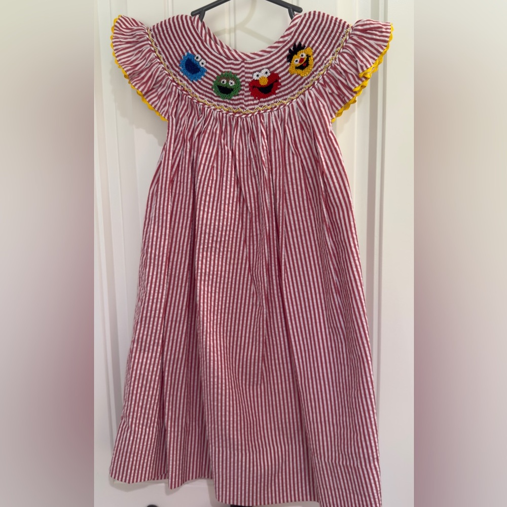 Striped Smocked Kids Dress with Sesame Street Embroidery